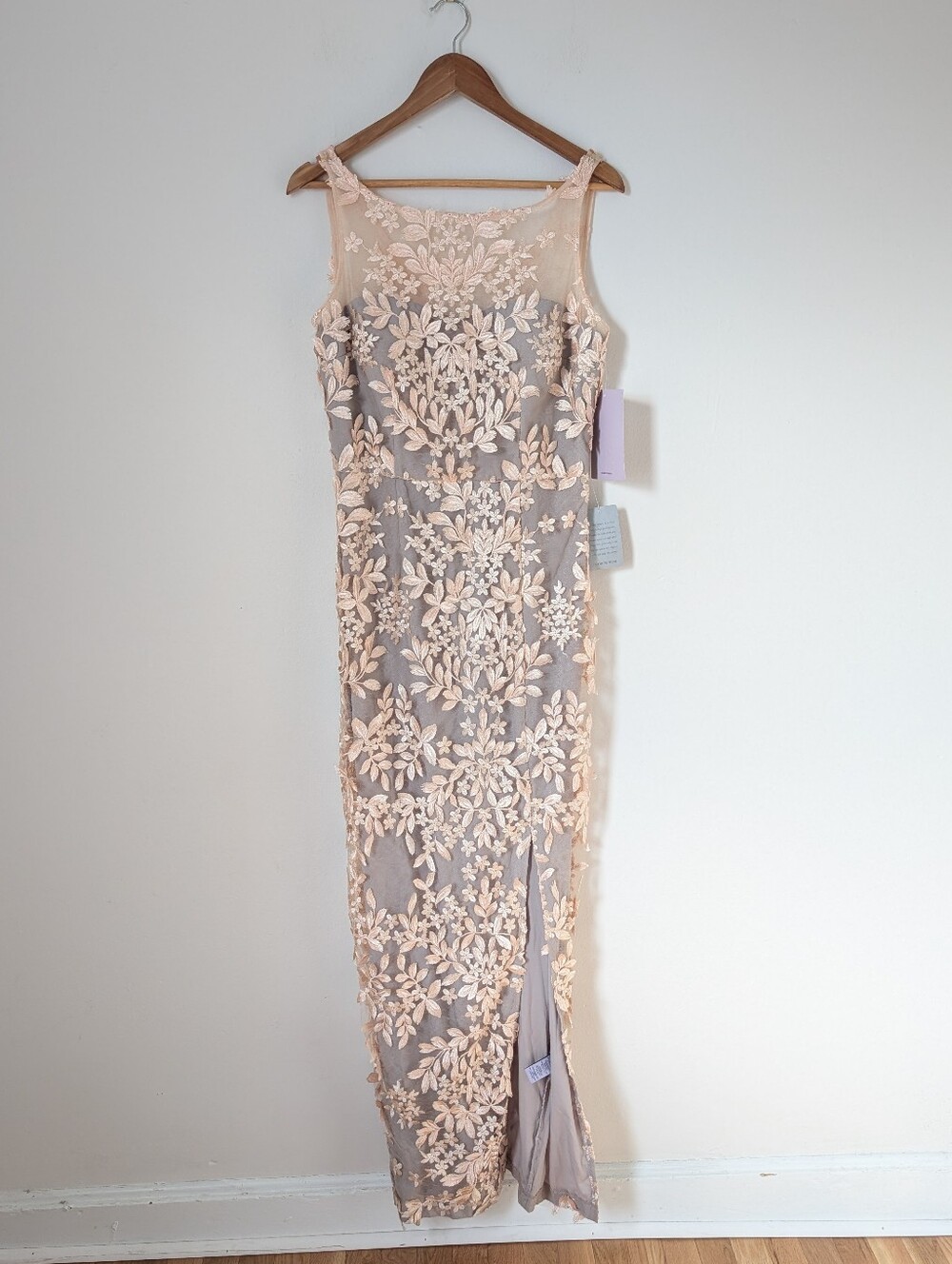 NWT JS Collections Blush Gray Nude Floral Lace Illusion Leaf Applique Maxi Dress